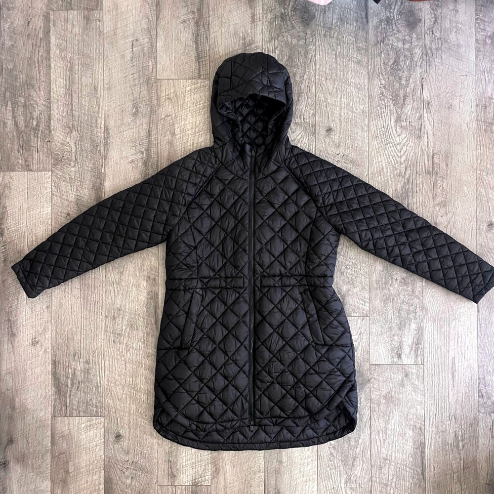 Athleta Whisper Featherless Parka Black Quilted Hooded Jacket Large Petite